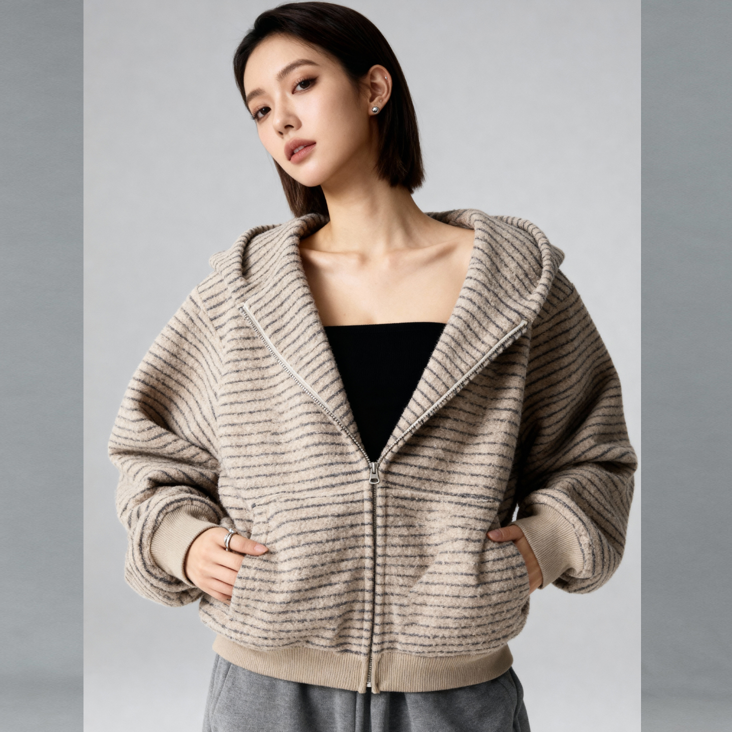 条纹慵懒风连帽卫衣男女同款秋冬季带毛领慵懒风痞帅高质感穿搭