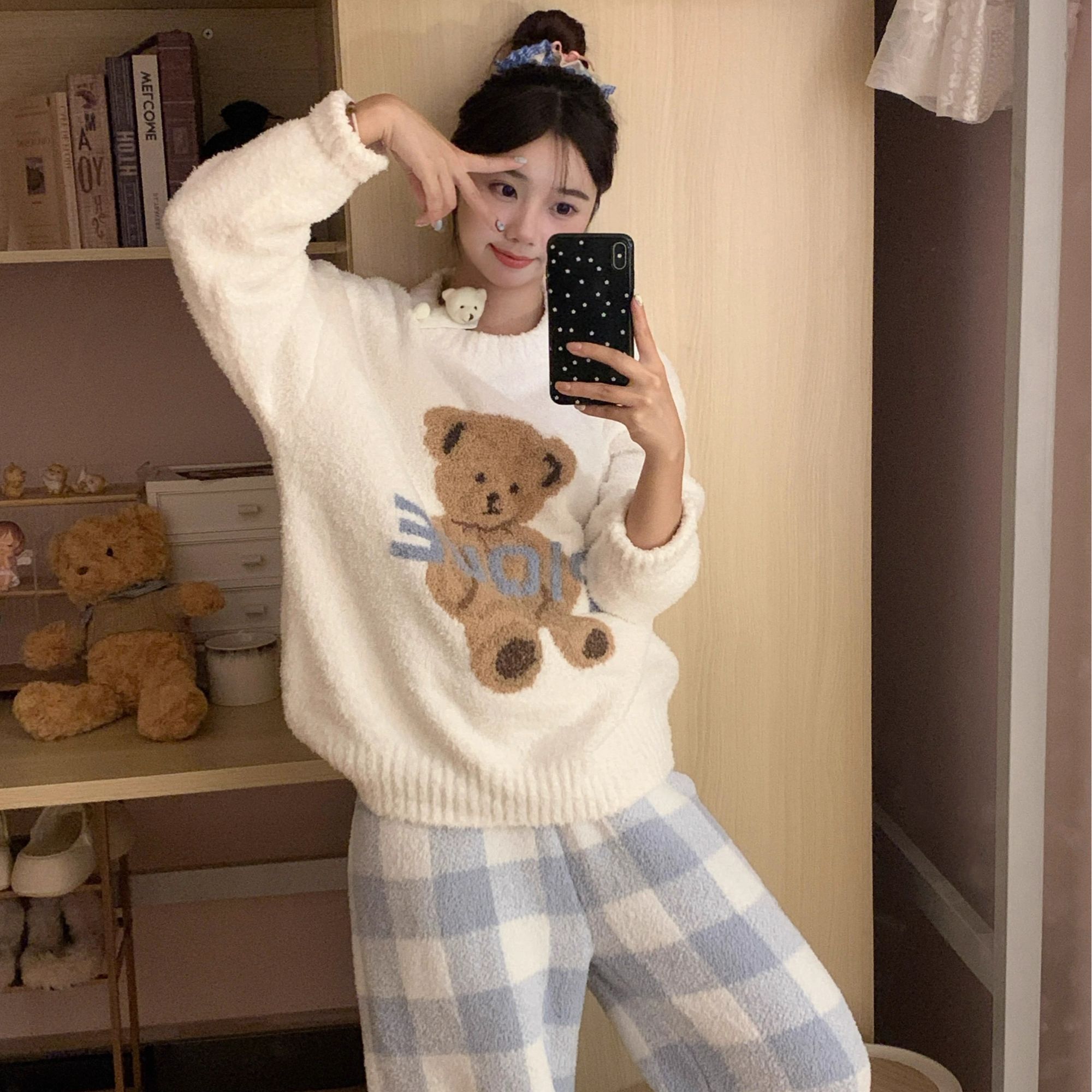 【甜美小熊】印花针织半边绒睡衣女套装秋冬季新款加厚保暖家居服