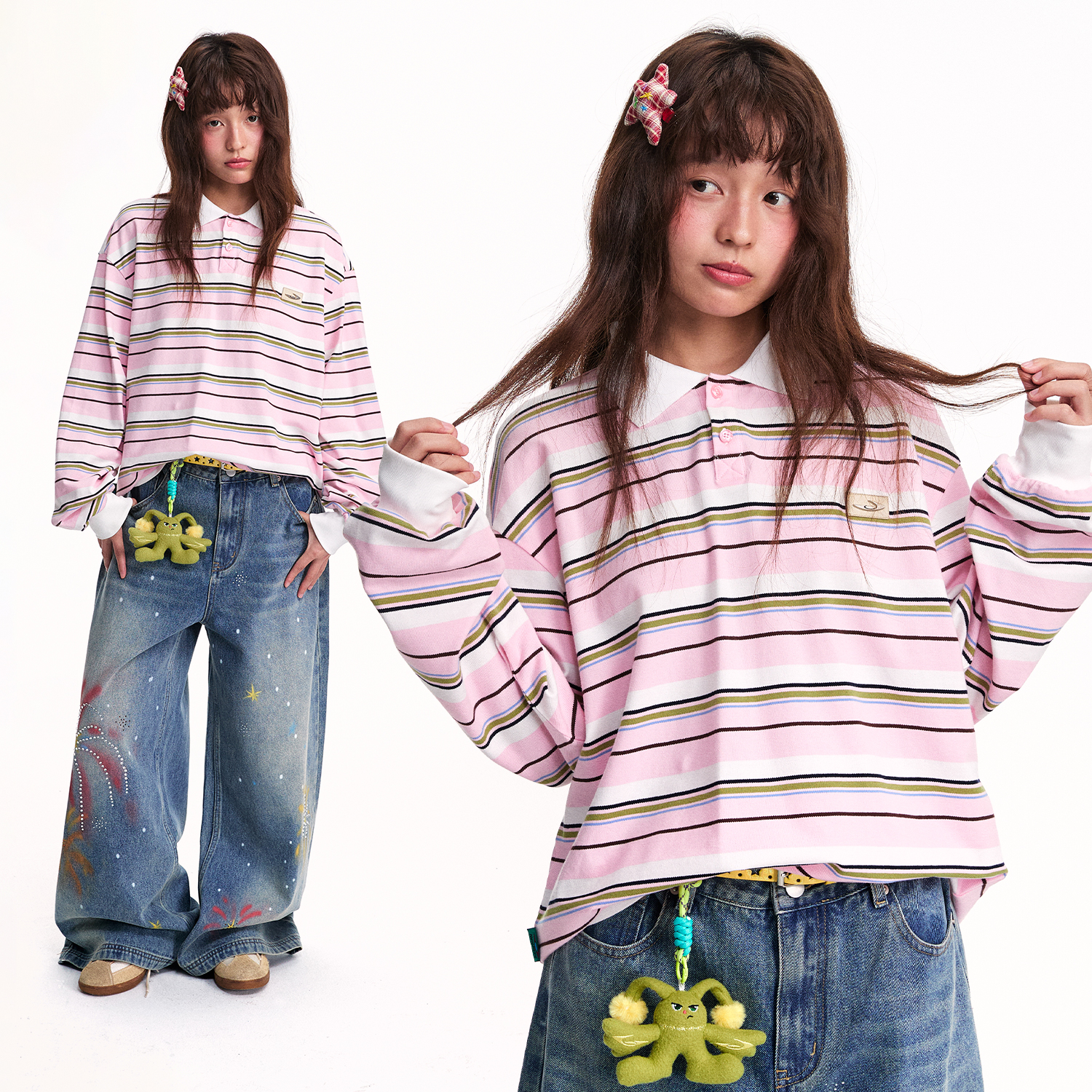 江南先生NewJNXS美式复古皮标条纹长袖POLO衫秋男女宽松休闲上衣