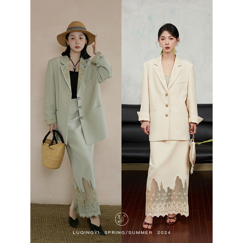 鹭青一原创【白云乡】休闲半身裙女春秋蕾丝拼接长裙L24Q7106B