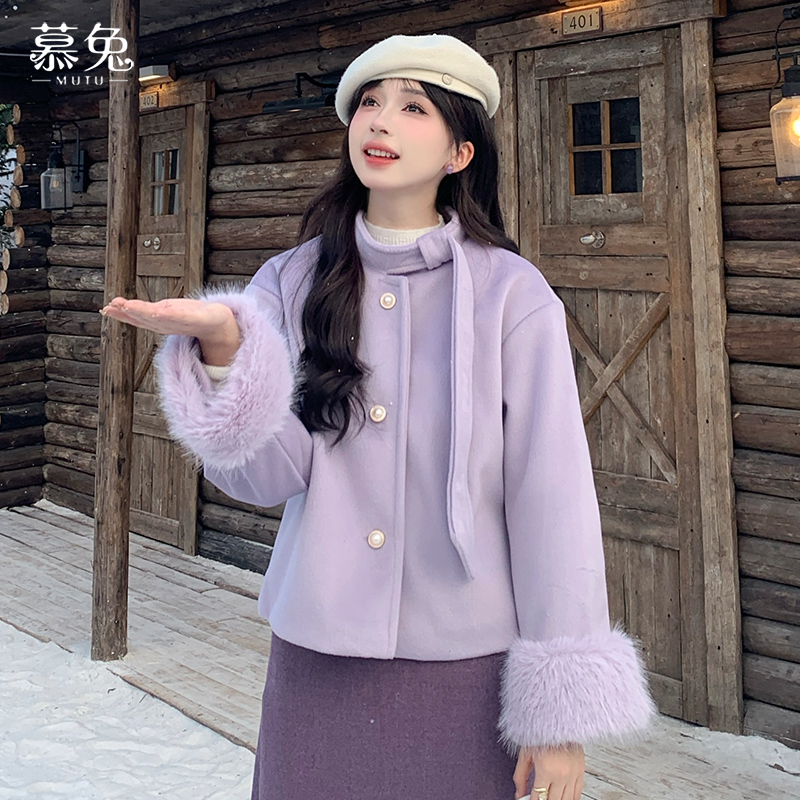 慕兔小香风夹棉毛呢外套女秋季小个子高级感粉色呢子上衣TU21886
