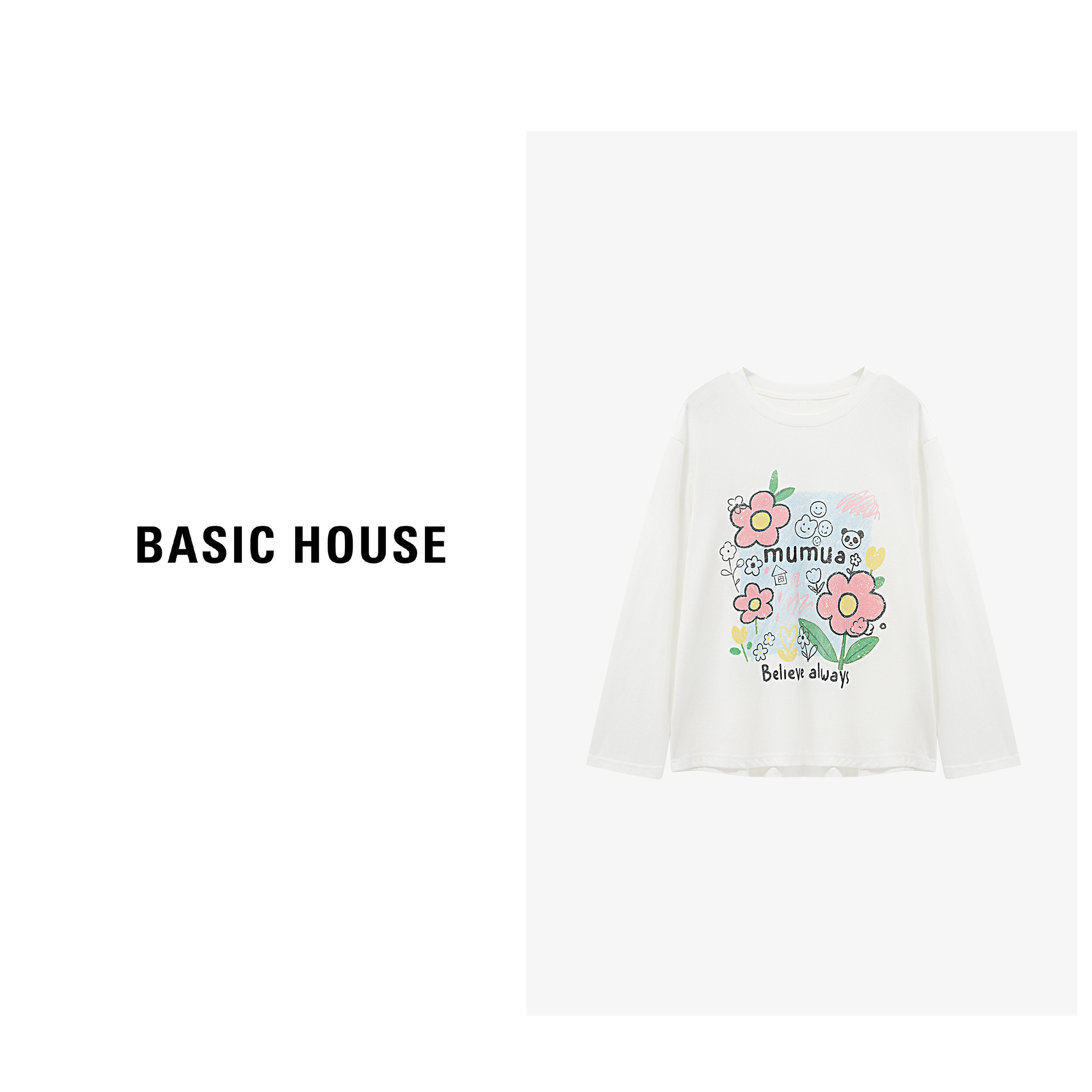 Basic House/百家好时尚休闲圆领减龄印花长袖T恤女-B0625B5GLQ2