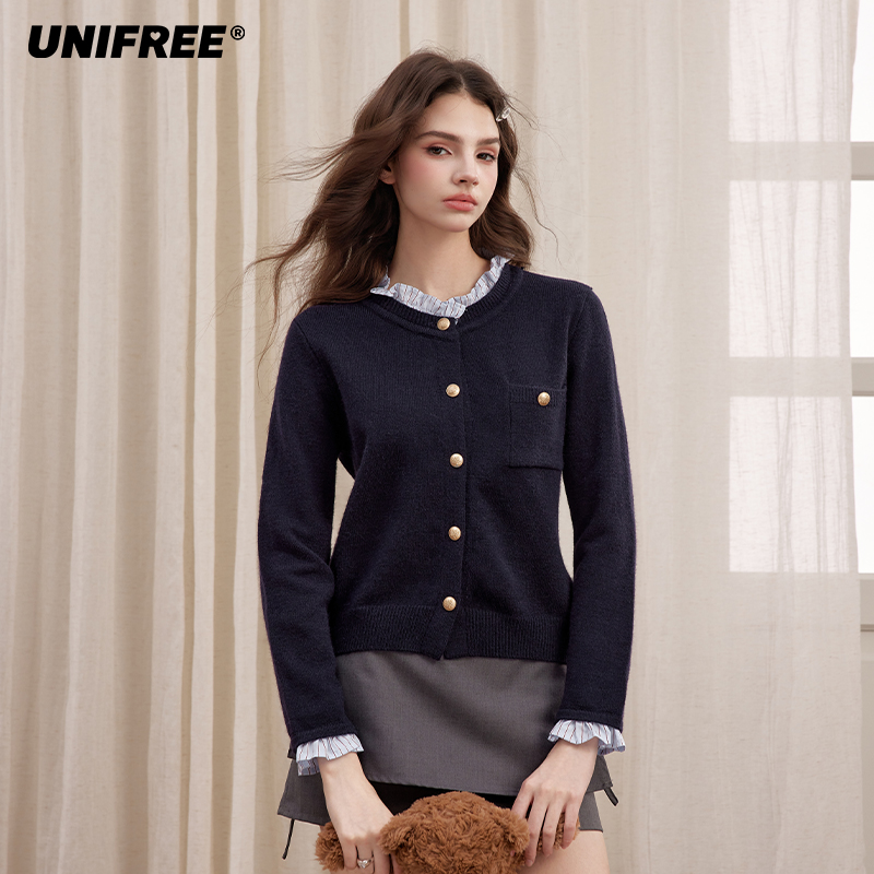 UNIFREE假两件长袖针织衫秋季新款学院风木耳边拼接宽松复古开衫
