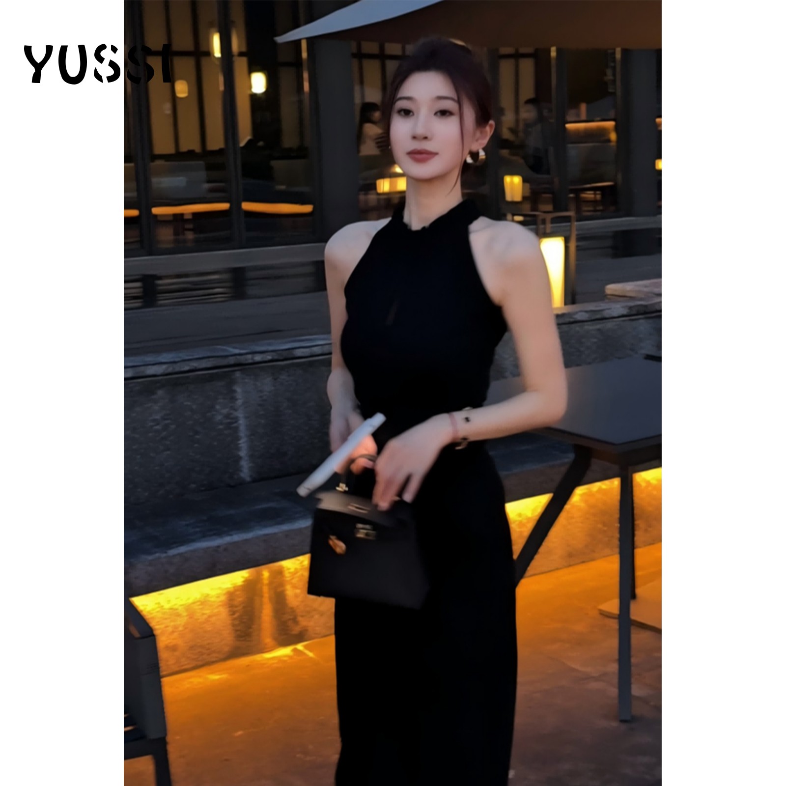 YUSSI夏季法式性感风黑色天丝长裙气质晚礼服挂脖修身无袖裙