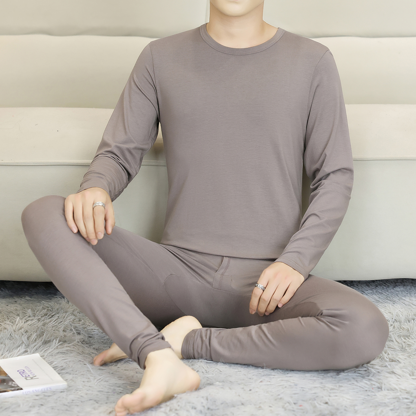 男士莫代尔秋衣秋裤内穿长袖打底衫打底裤秋冬季薄款圆领棉毛衫男