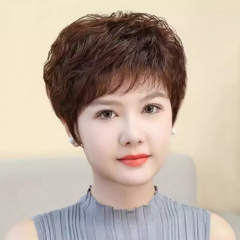中老年女士全真发头套短卷发自然轻薄透气假发