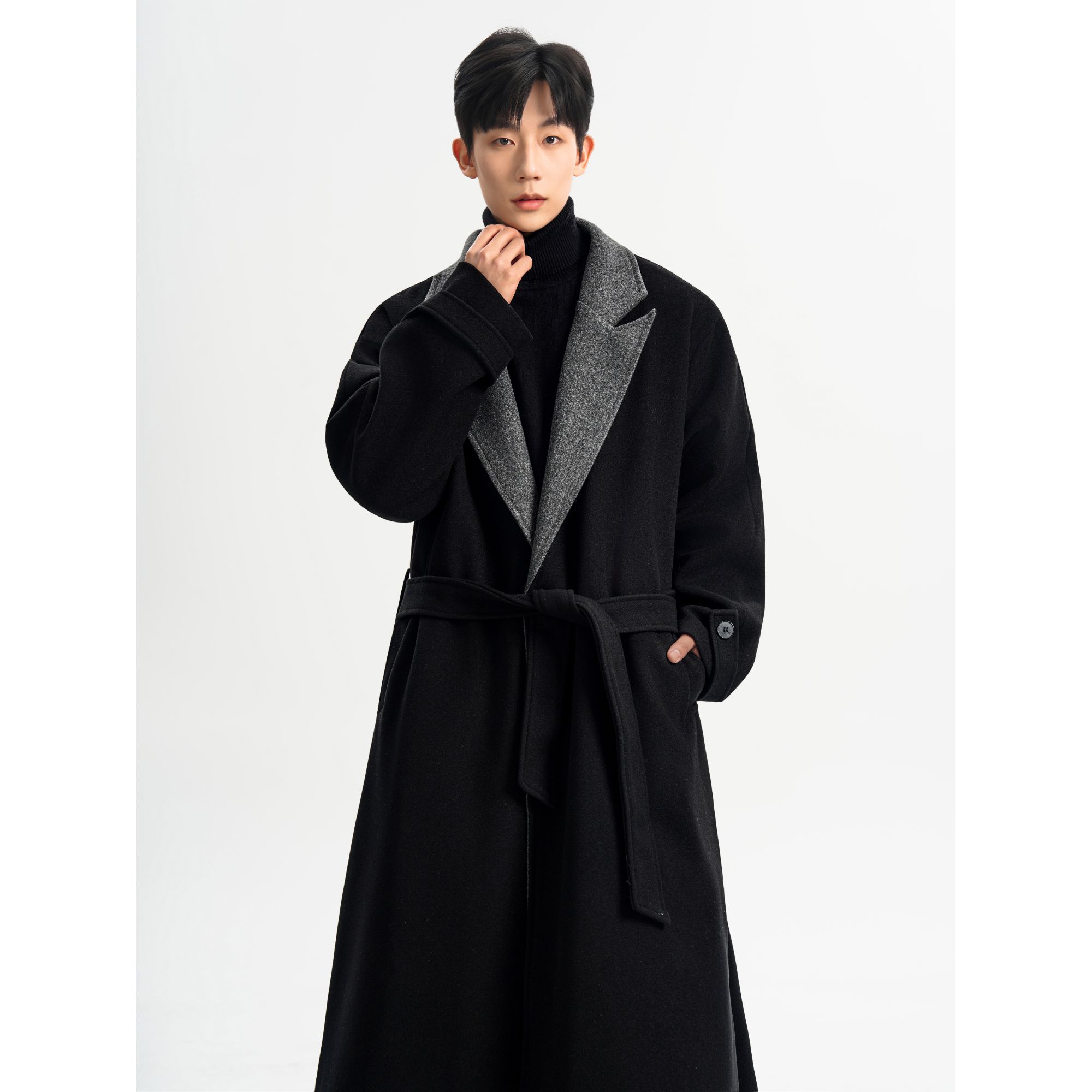 冬季新款加厚毛呢大衣男休闲过膝拼色韩版宽松双排扣中长款大衣