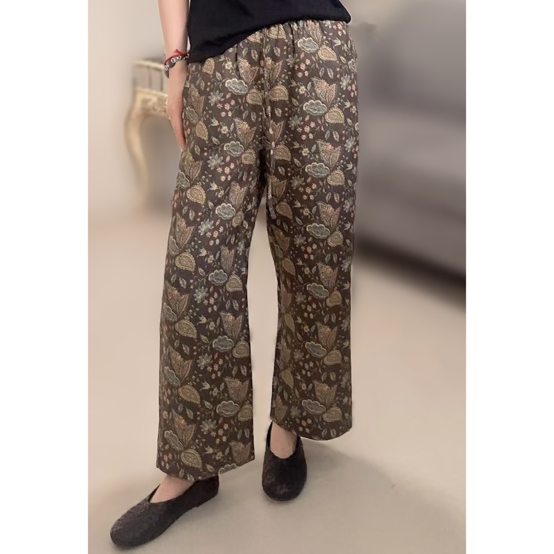 YIYI  2025春夏上新  松紧腰复古印花直筒休闲裤