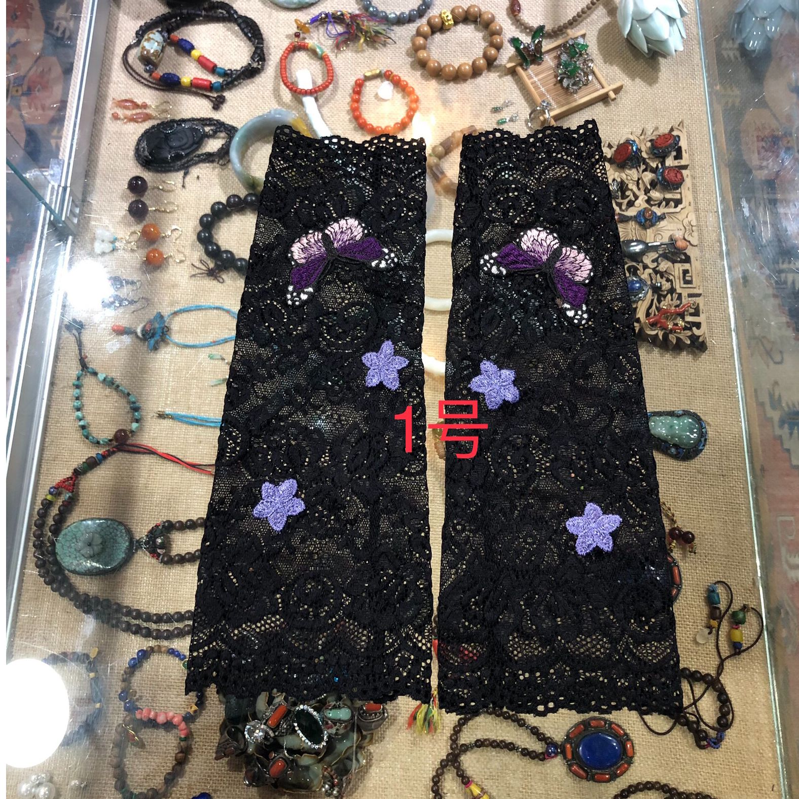 红老绣原创设计作品夏季花灰蝴蝶防晒袖套手套蕾丝黑色紫色长款