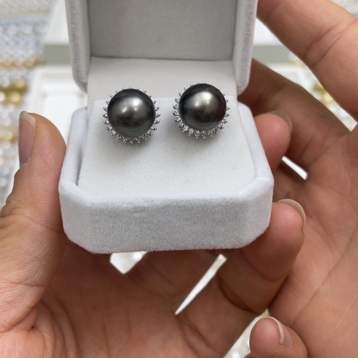 海水珍珠耳饰银S925镶嵌大溪地耳饰11-12mm