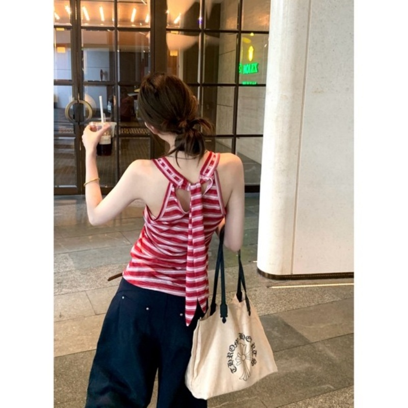 2025夏季外穿红色条纹吊带背心别致绝美内搭港风修身显瘦无袖上衣