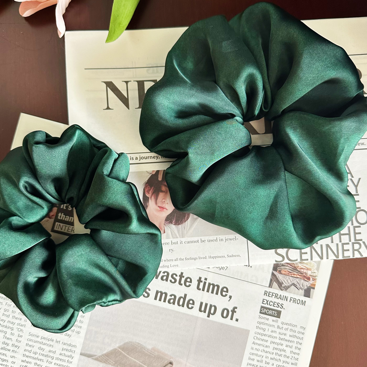 祖母绿真丝皮子手作发圈