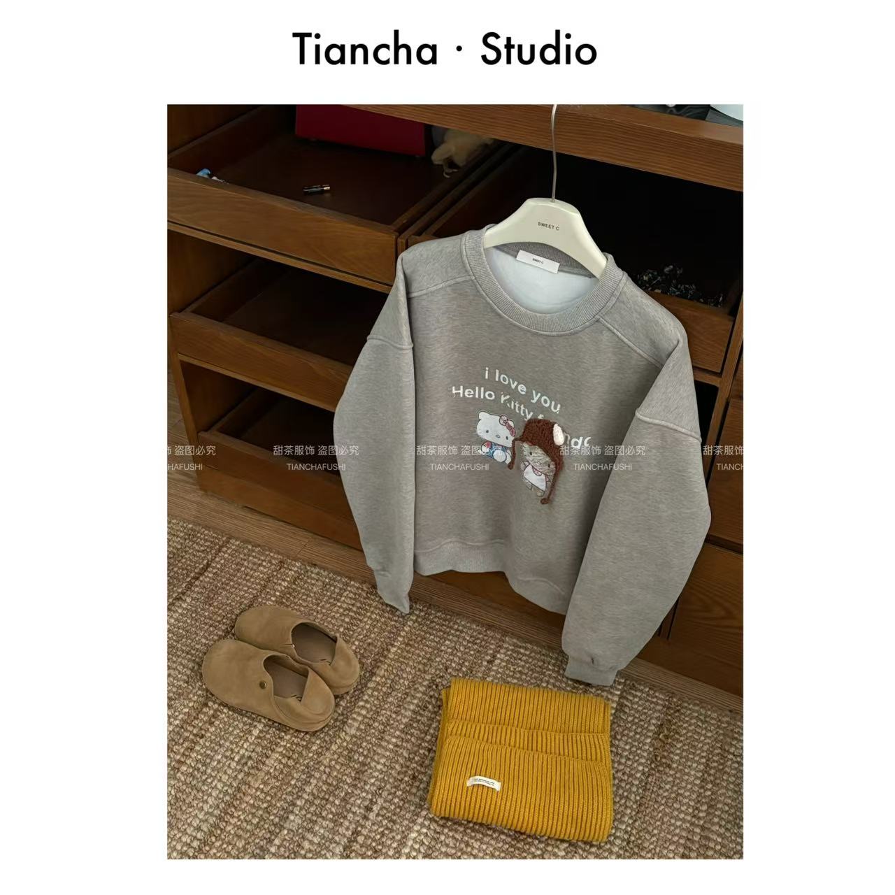 sweet c【冬日KT猫】G0190#韩系秋冬圆领长袖落肩卫衣女甜美卡通