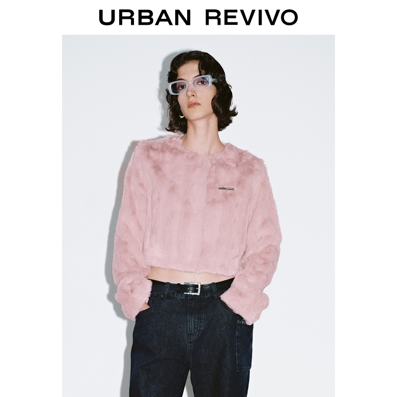 UR2025冬季新款女装潮流金属装饰标毛绒短款外套UYV150038+