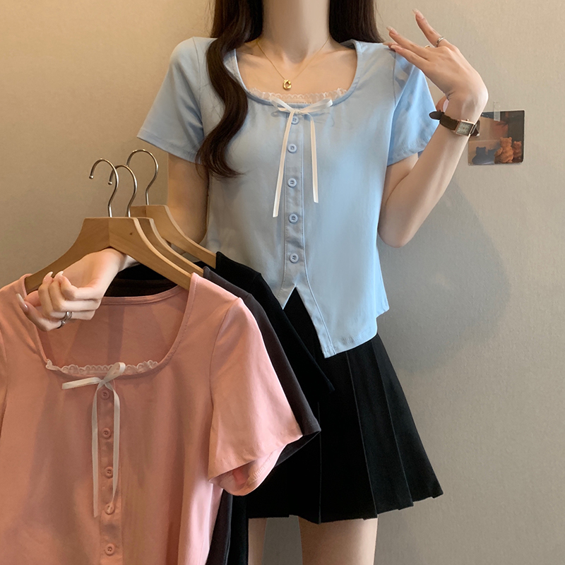 J精棉210g大码正肩短袖t恤女夏季纽扣蕾丝拼接假两件显瘦上衣