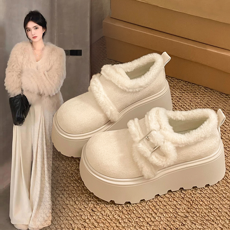 白色厚底内增高勃肯女鞋子加绒保暖毛毛鞋2025冬季雪地靴乐福棉鞋
