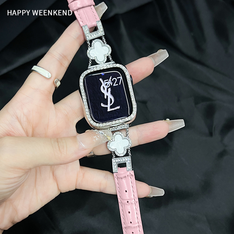 柔软真皮春夏四叶草表带鳄鱼纹适用applewatch苹果手表Se891011代