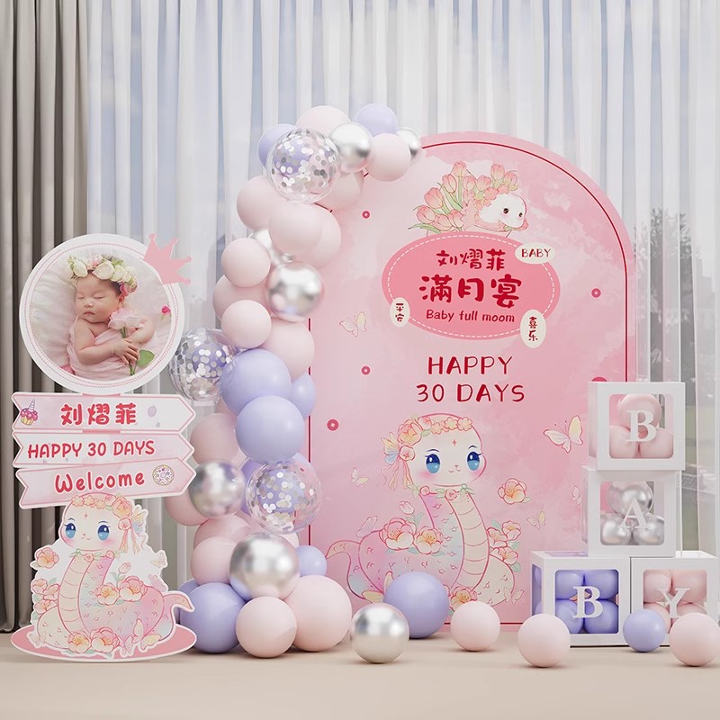 宝宝满月布置气球百天装饰KT板定制百日宴背景墙男女孩仪式感用品