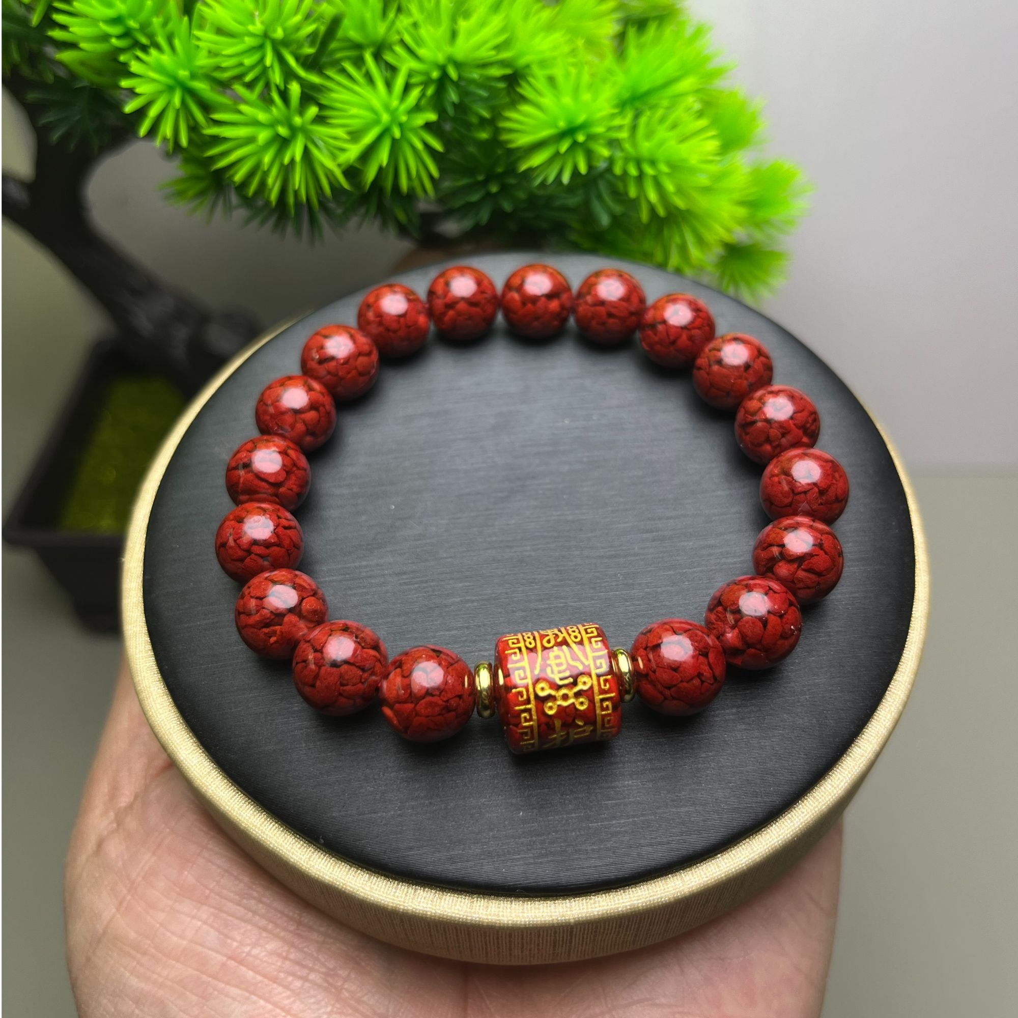 含辰砂工艺品050晶体砂卡10m加烫金桶珠单圈手串