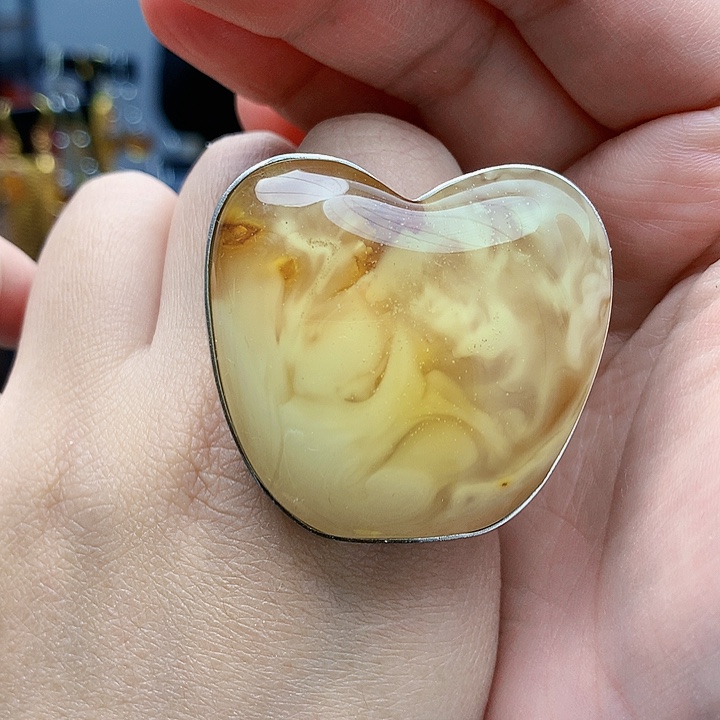 琥珀裸石银S925镶嵌戒指