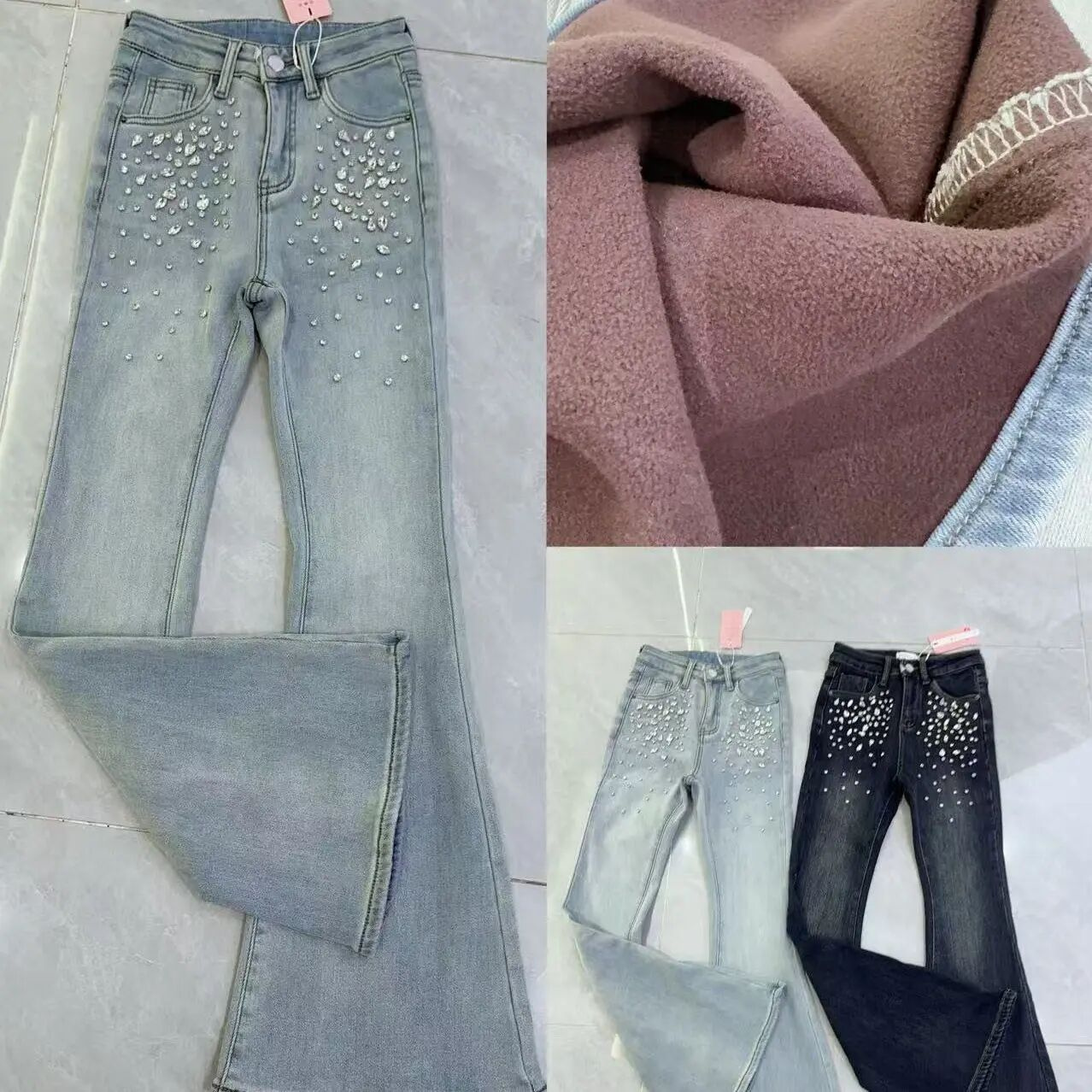 （xY定制）加绒重工烫钻高腰显瘦弹修身喇叭裤ins
