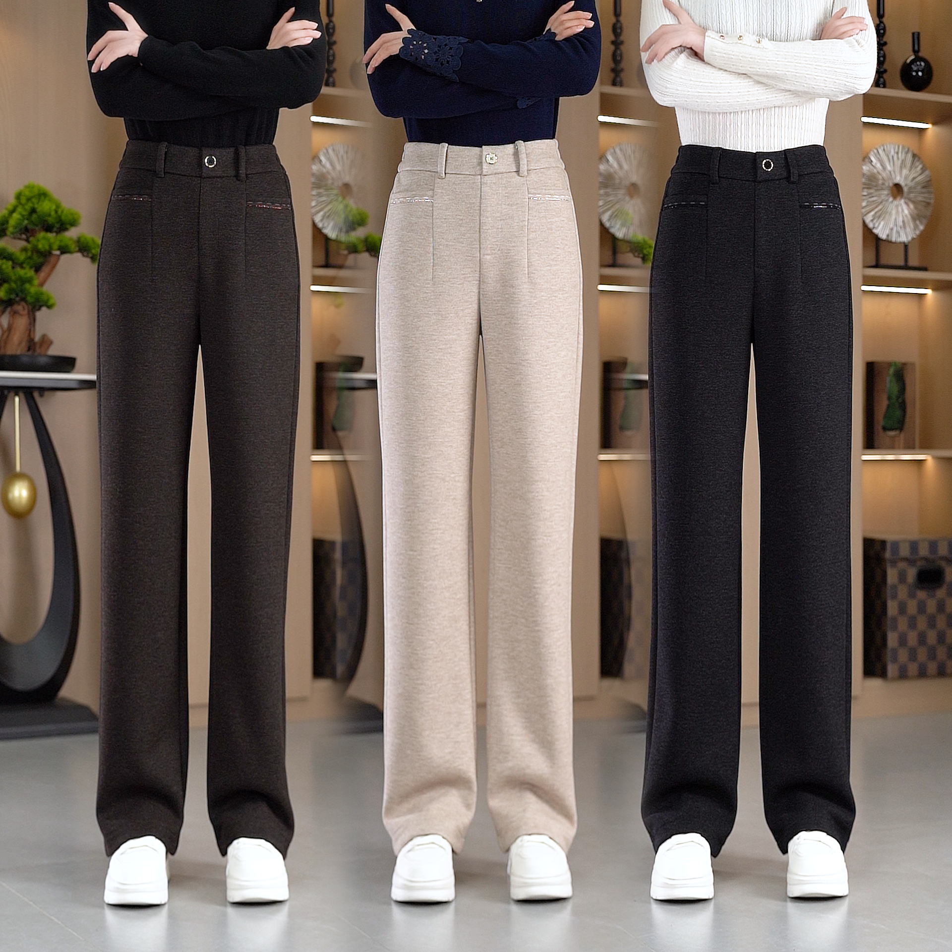 秋冬羊毛阔腿裤女2025年新款正品宽松高腰显瘦休闲百搭直筒裤子
