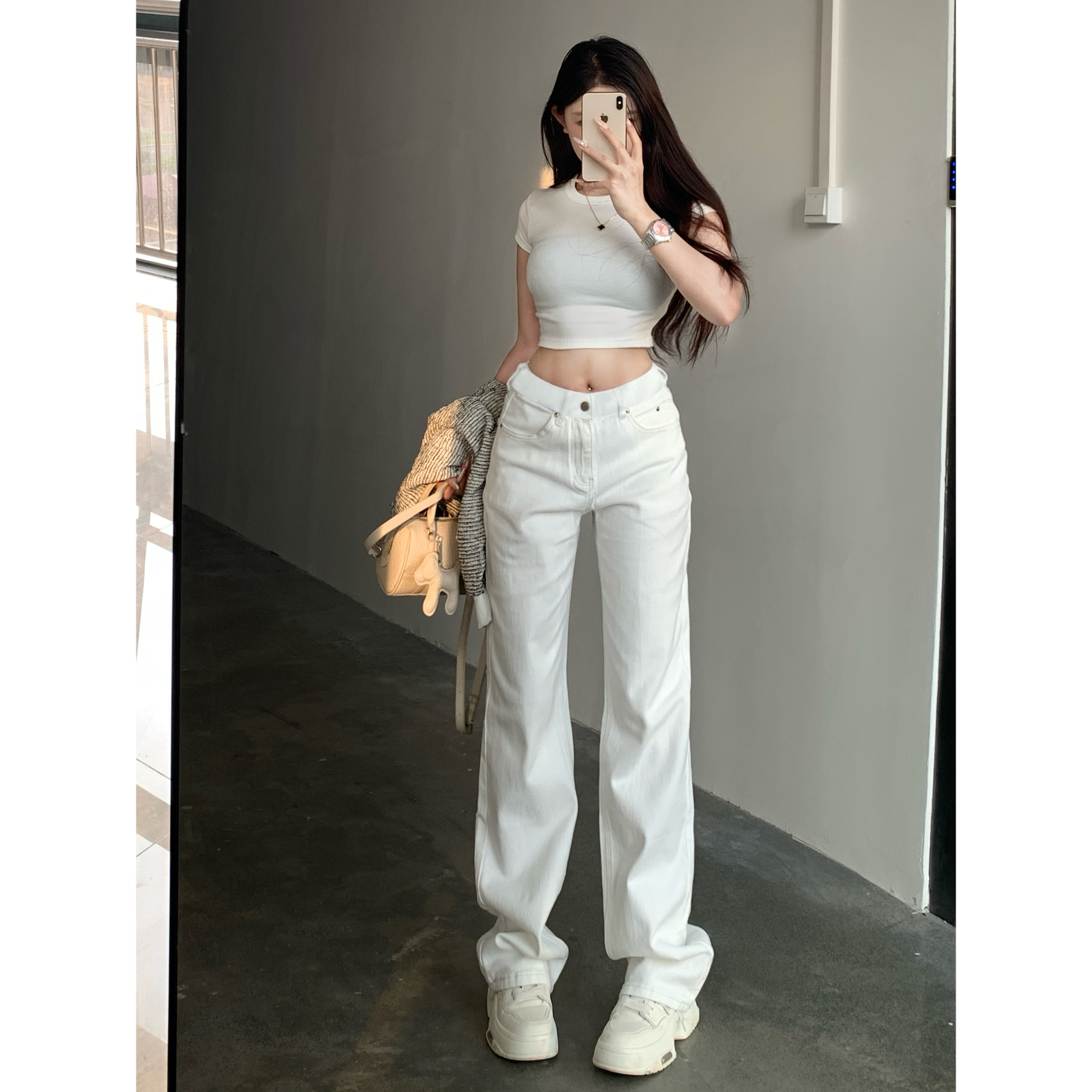 白色净版高腰阔腿牛仔裤女2025秋季新款显瘦显高百搭拖地牛仔裤