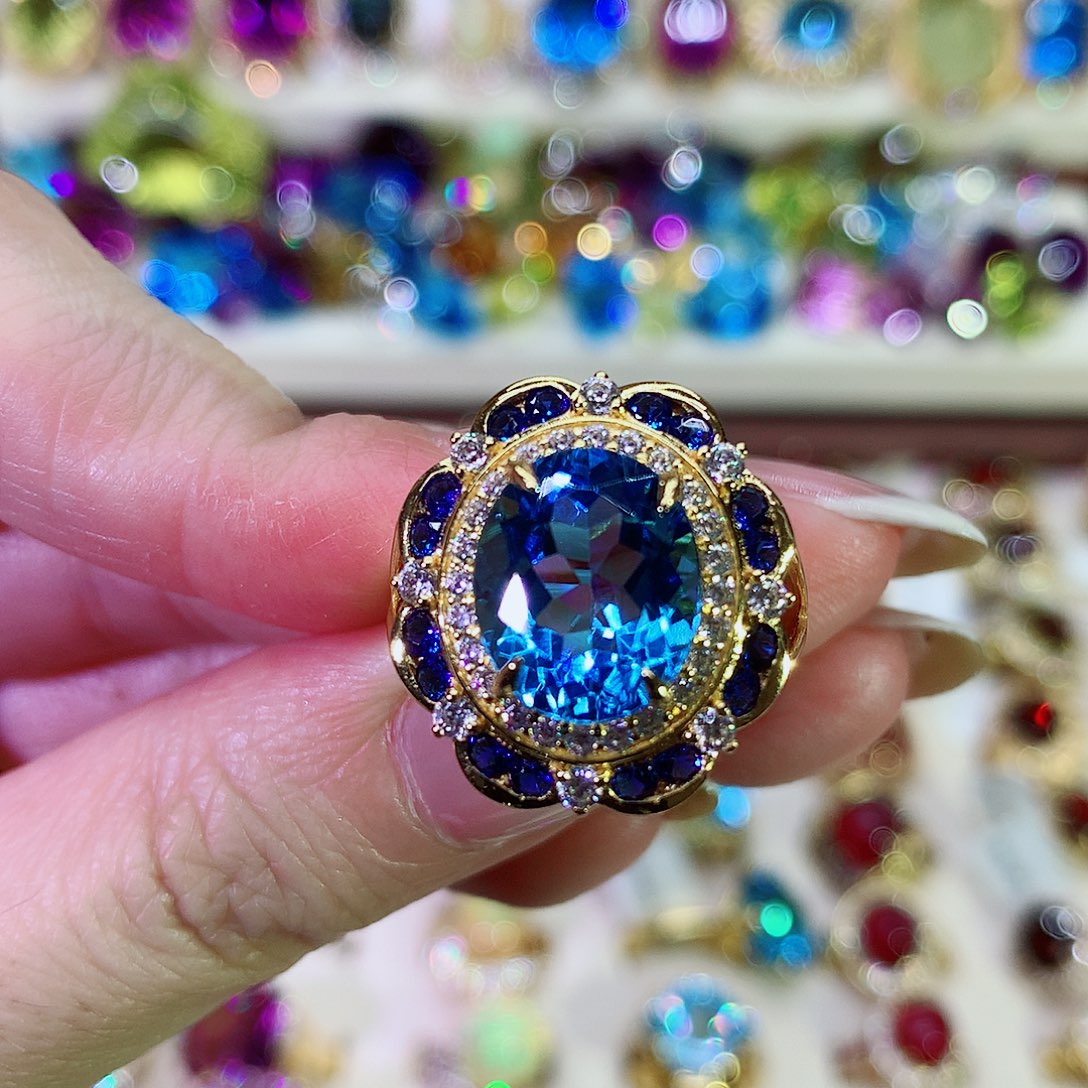 托帕石戒指银S925镀金镶嵌