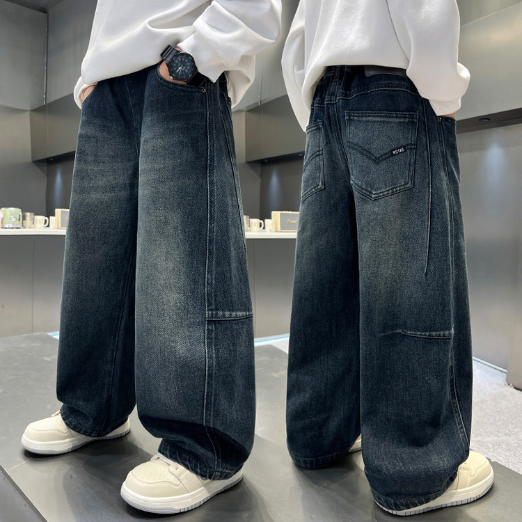 【秋款上新】儿童牛仔直筒裤中大童纯色拼接时髦痞帅男女童宽松裤子