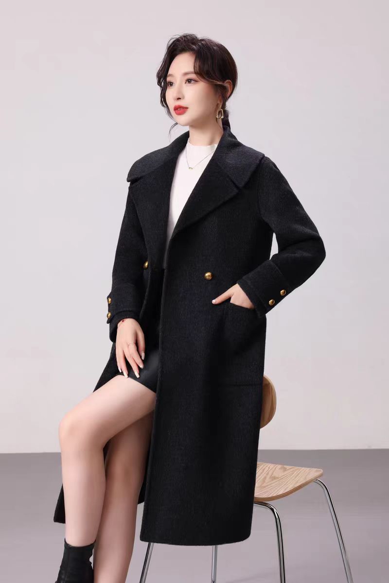 (300-395)中长款毛呢外套简约双面风衣呢大衣气质女士女装