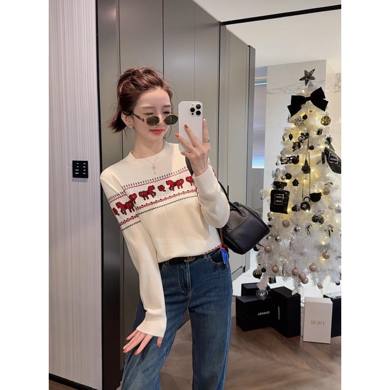 【大静静】“费尔岛”新款撞色圆领小马提花羊毛针织衫