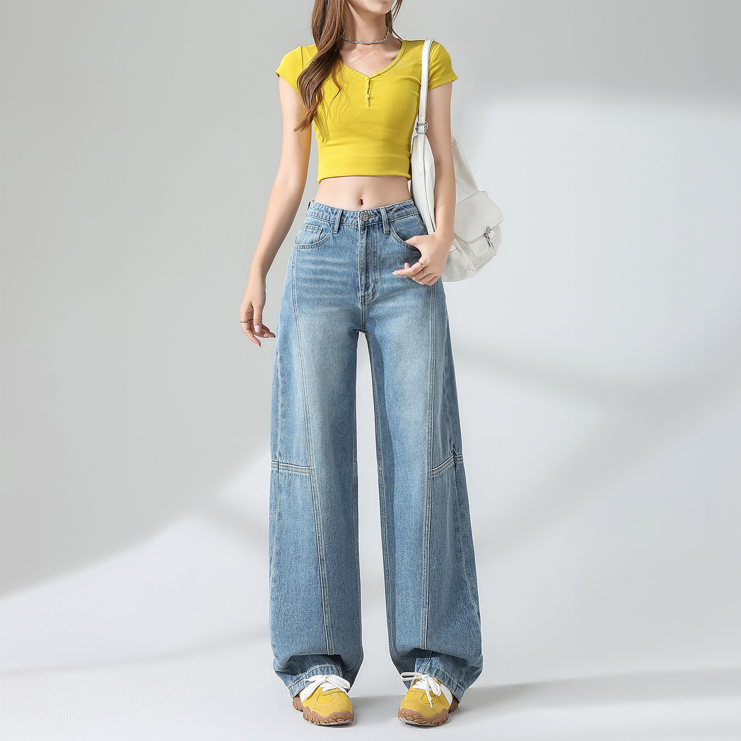 女春季牛仔裤窄版宽松直筒阔腿裤百搭破洞设计感裤子