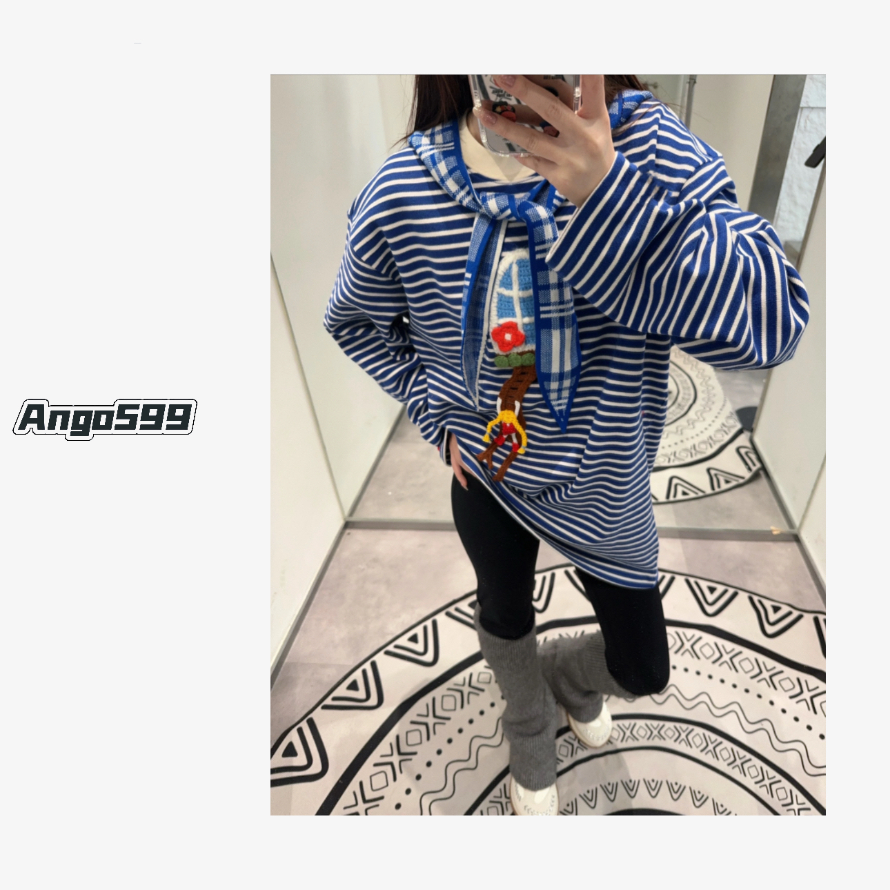 趣味天梯* 早秋新款手工钩花窗台楼梯小女孩图案条纹毛衣