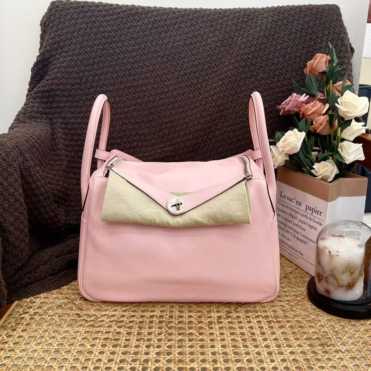 99新 Hermes/爱马仕 lindy 30 X tc皮 新樱花粉手提包0919m2 
