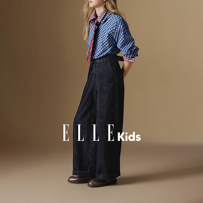 ELLE KIDS 灯芯绒直筒长裤女童秋季新款复古刺绣宽松水洗裤子F5