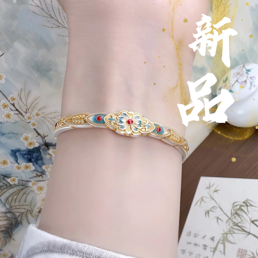 足银手镯 5号-描金珐琅蝴蝶如意【开口】手镯1