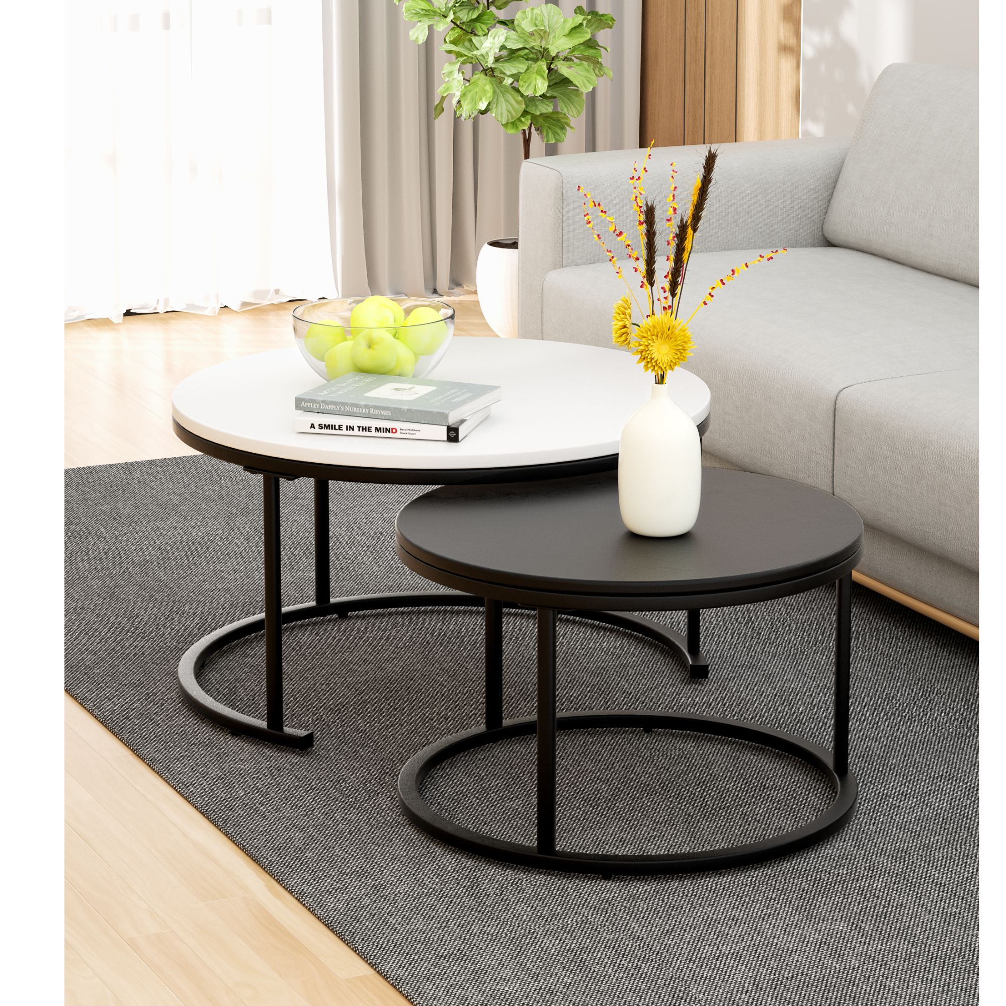 黑白拼色简约茶几客厅创意双层简易意式边几轻奢沙发简约圆形桌