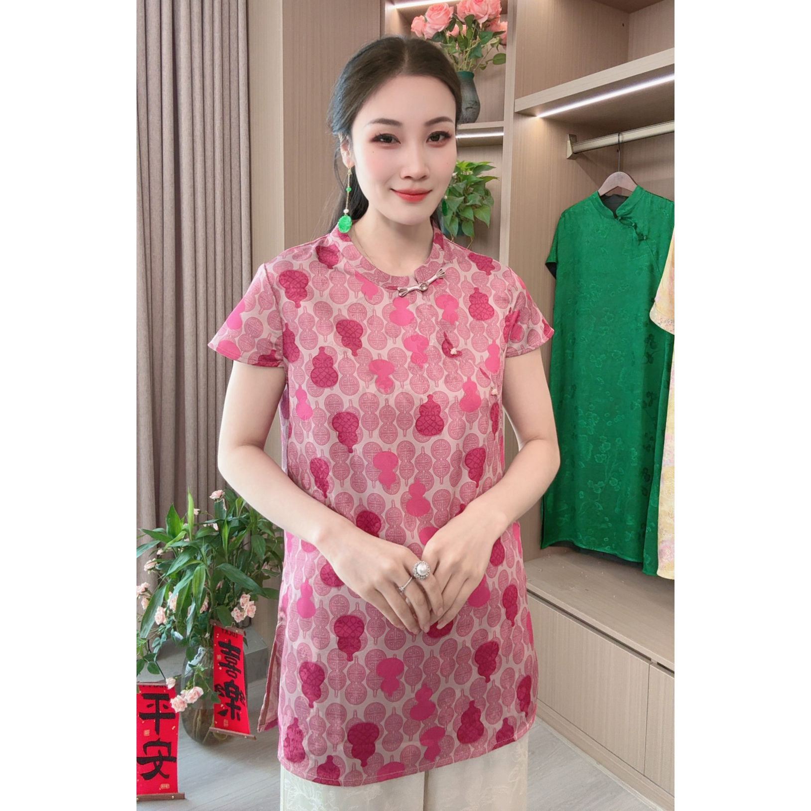 【迎福】夏季2025新款上衣小衫新中式女装国风立领提花气质短袖衬衫