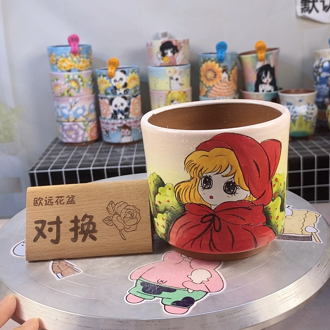 远***方紫砂花盆红陶手绘花盆