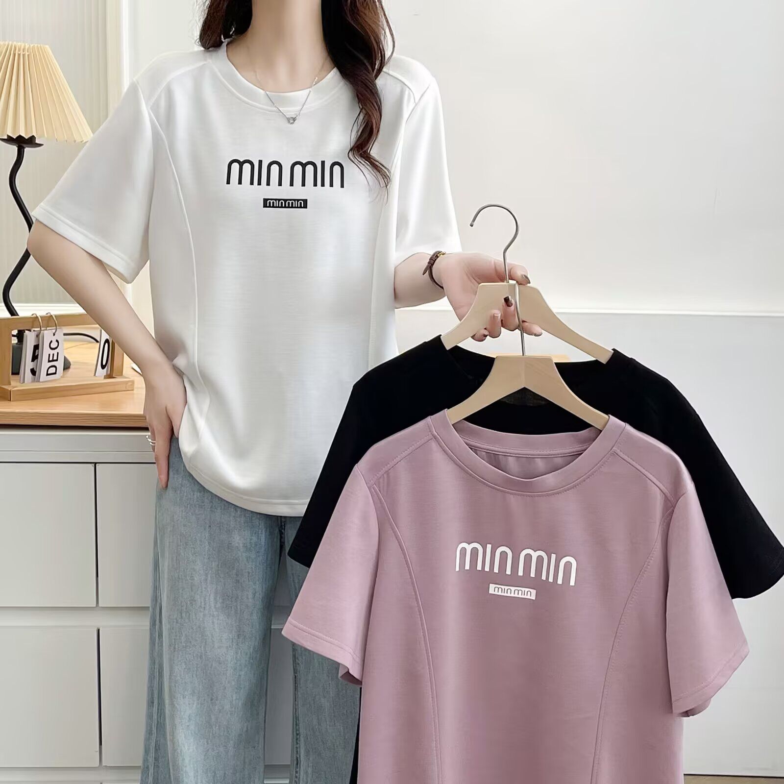 大码胖mm百搭休闲显瘦字母印花圆领T恤夏季新款正肩宽松遮肚上衣