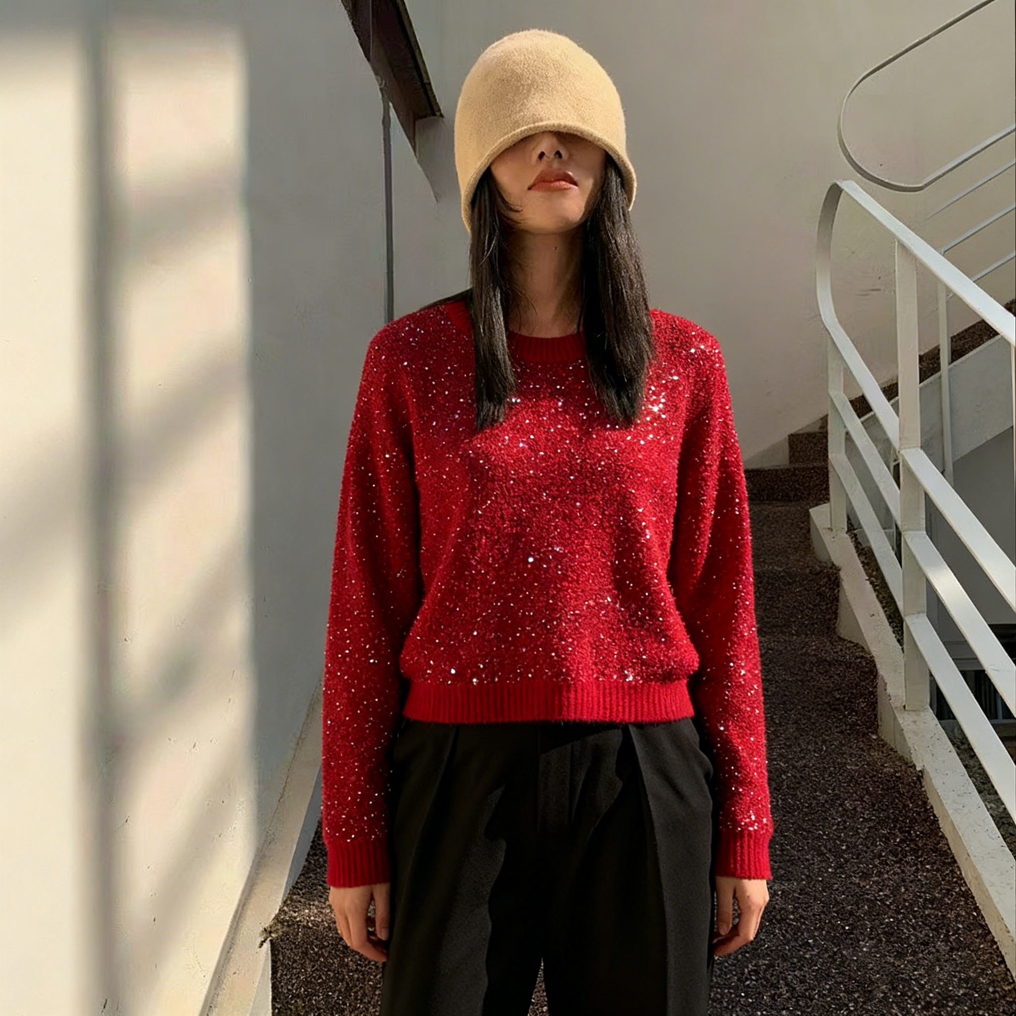 长袖网红时尚百搭女士红色重工亮片羊毛宽松圆领打底针织衫4162