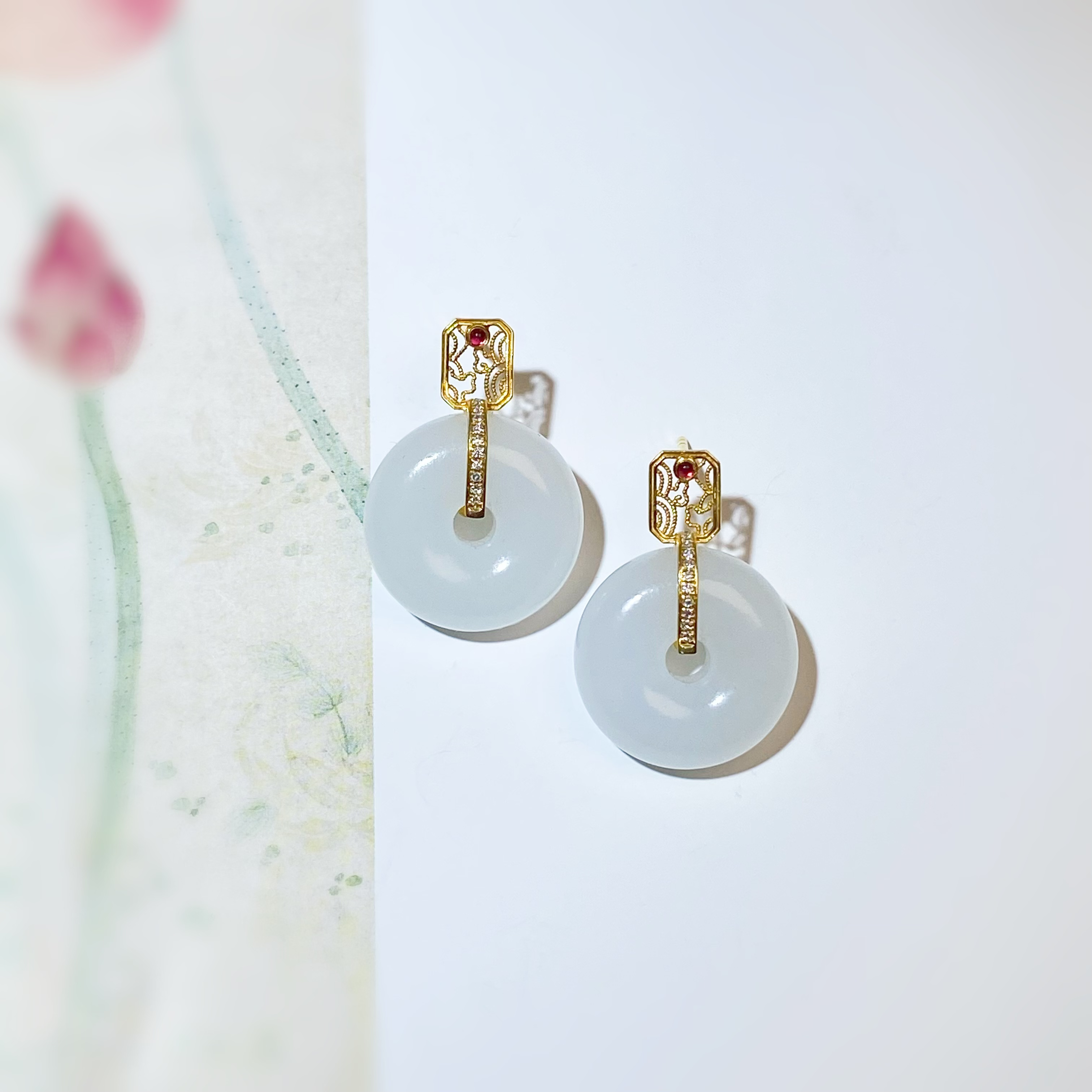 和田玉平安扣耳饰 18K金镶嵌 新中式国风简约设计款