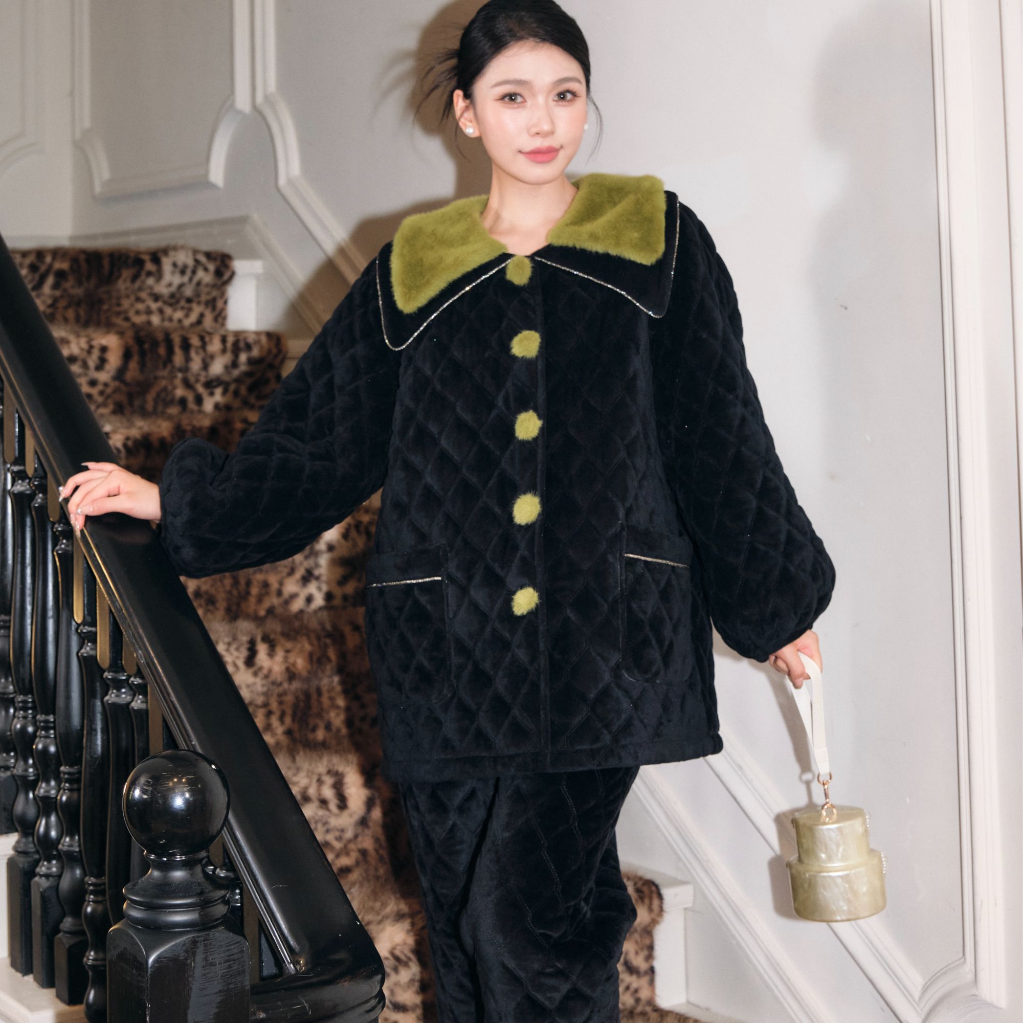 NINITA绿光夹棉加绒外穿家居服套装睡衣加厚