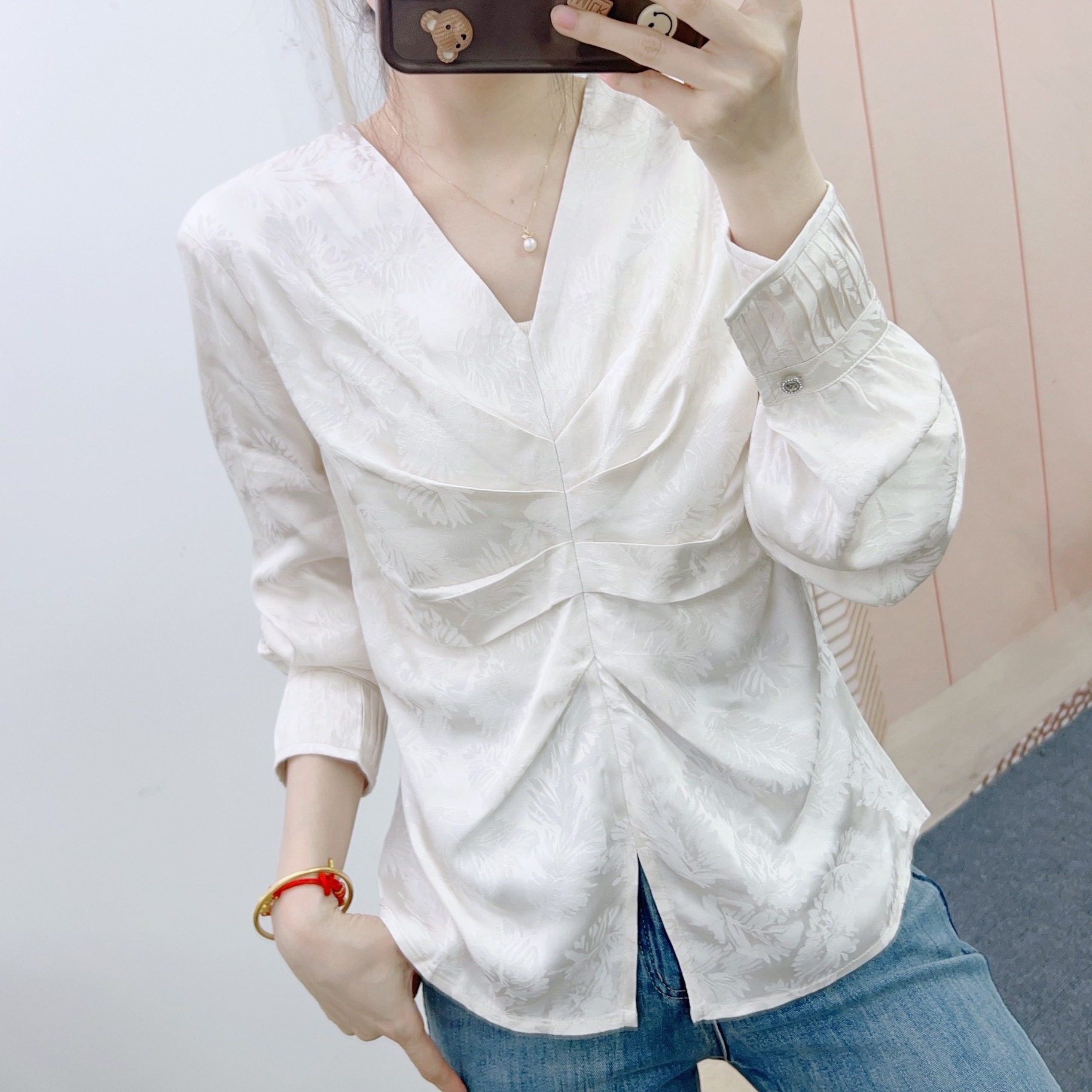 157V领提花压褶气质长袖小衫1157/GJ