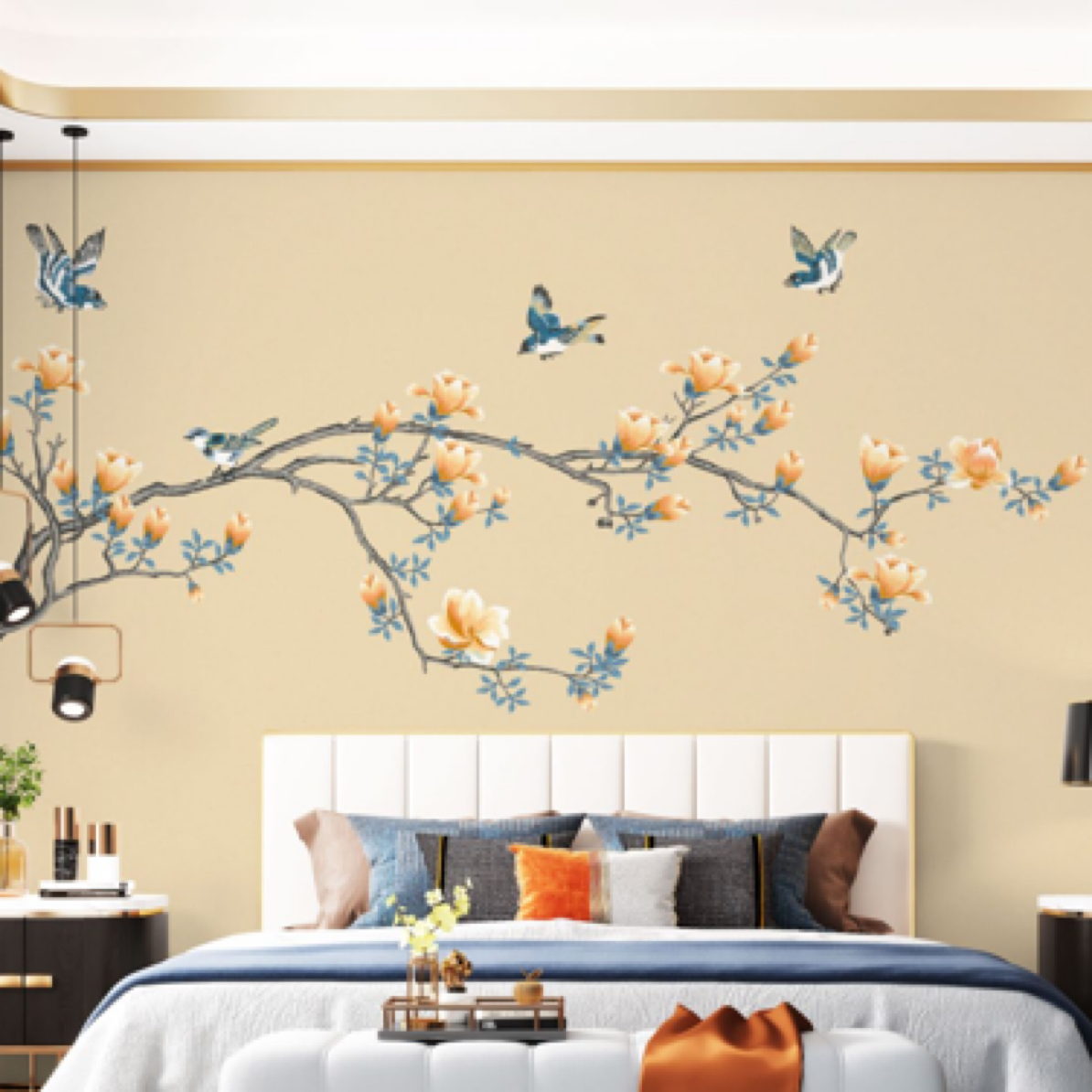 大气版五福同源新中式墙布沙发背景卧室款式床头电视机背景定制