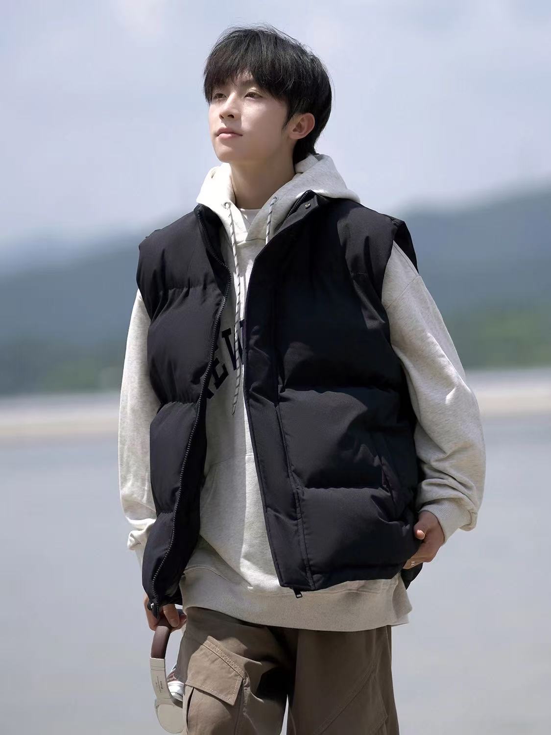 2025冬季叠穿黑色棉马甲男潮牌美式立领加厚保暖无袖坎肩外套-618