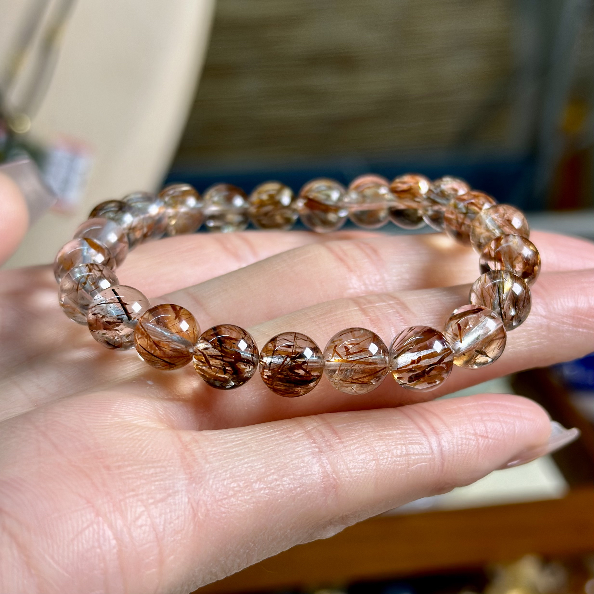 XiYue/单圈天然黑超七手串9mm水晶天然发晶满顺发旺财 多样性发一