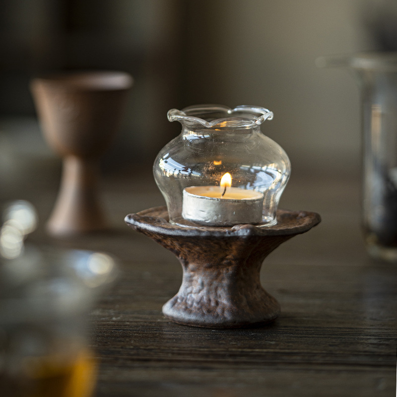 老岩泥玻璃罩烛台复古茶室氛围感摆件蜡烛粗陶香熏小夜灯陶瓷烛台
