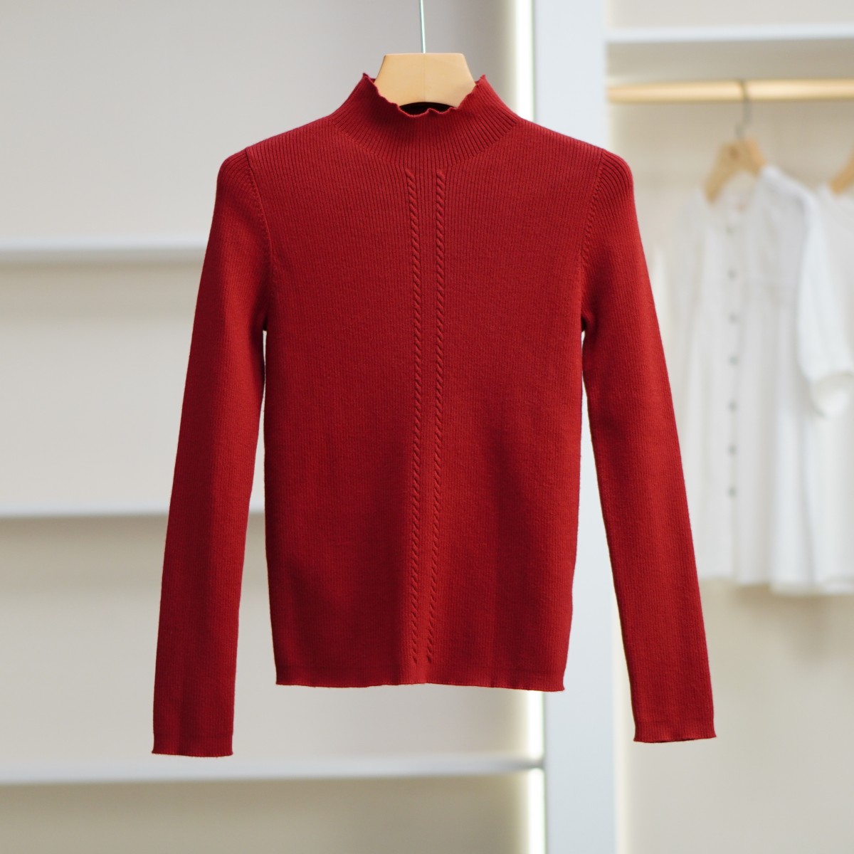 【诗M】Z1411  女装时尚春季立领麻花毛织上衣红色2506136