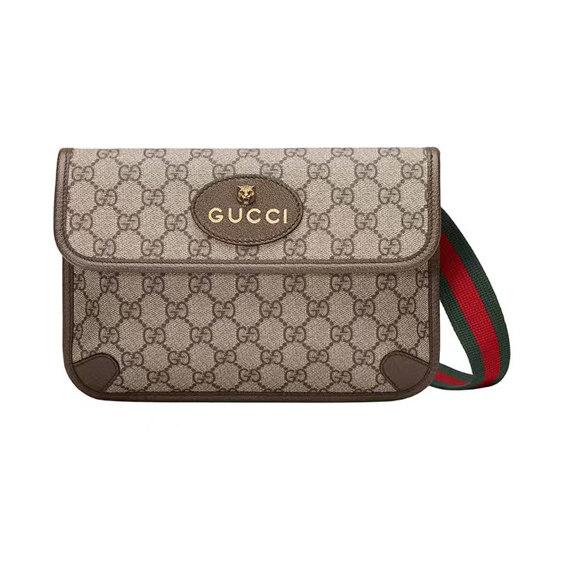 99新 GUCCI/古驰 老花满印红绿条纹帆布虎头胸包单肩斜挎包